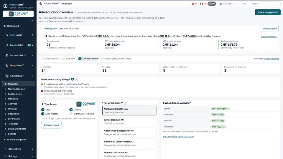 AdvisorValor overview: all engagements of a consultancy with potential and value plan.