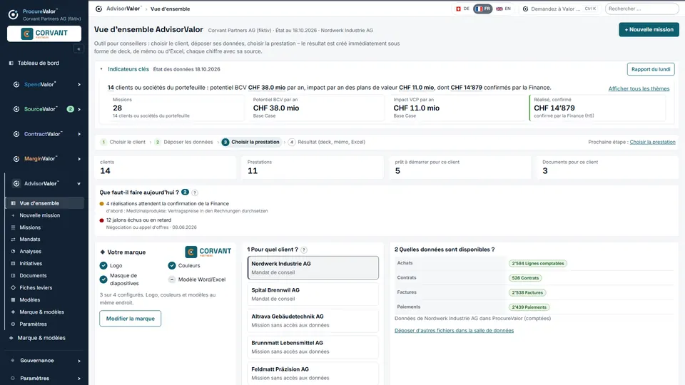 Vue d'ensemble AdvisorValor : toutes les missions d'un cabinet avec potentiel et plan de valeur.