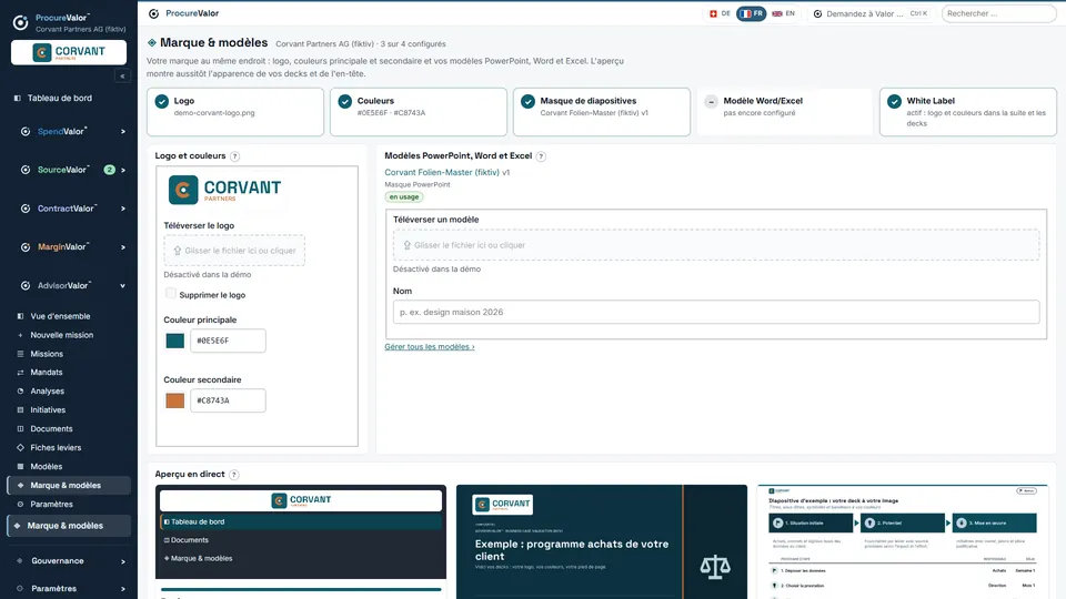 Marque et modèles : logo, couleurs et masque PowerPoint saisis une fois, tous les documents à vos couleurs.